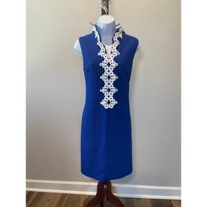 J Howard Blue Dress White Laced Neck Detail Sleeveless Size 12 Wedding guest